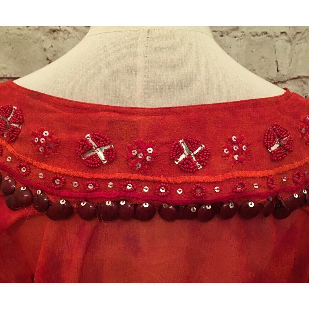 Chico's 0 Short Sleeve Silk Chiffon Top Embellished Cinch Tie Waist Orange - Picture 4 of 4